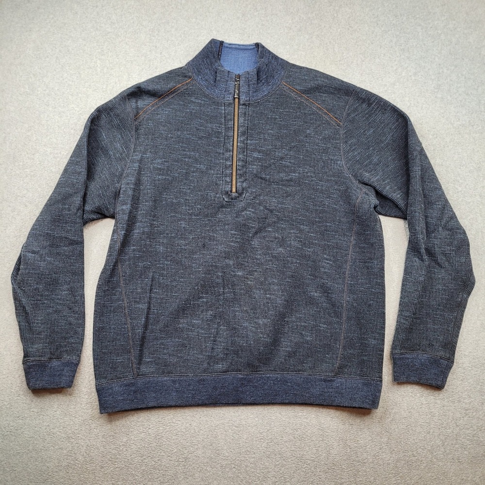 Tommy Bahama Reversible Quarter Zip Pullover Mens Large Blue Gray Ribbed Cotton